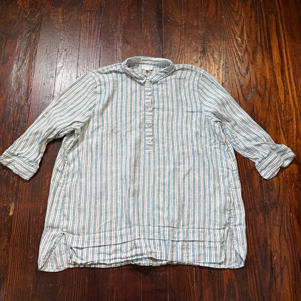 J Jill Shirt Womens XL Blue White Linen Tunic Striped 3/4 Sleeve Button Top